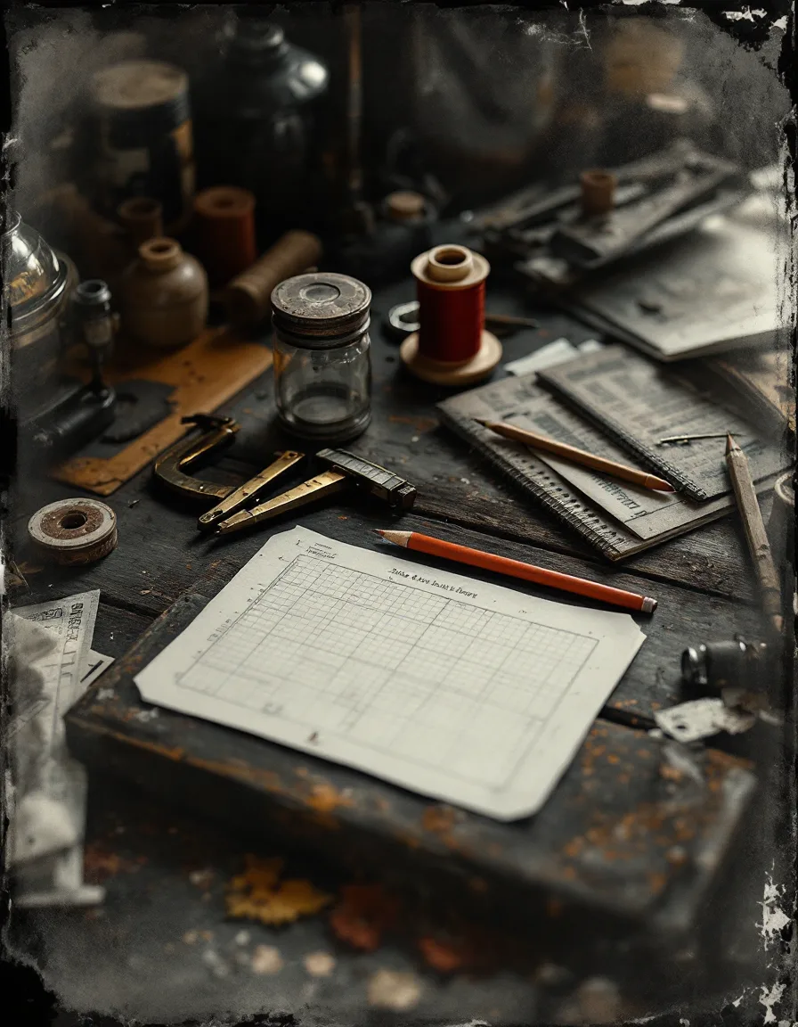 Antique tintype of a workbench with calipers, graph paper and a spool of thread