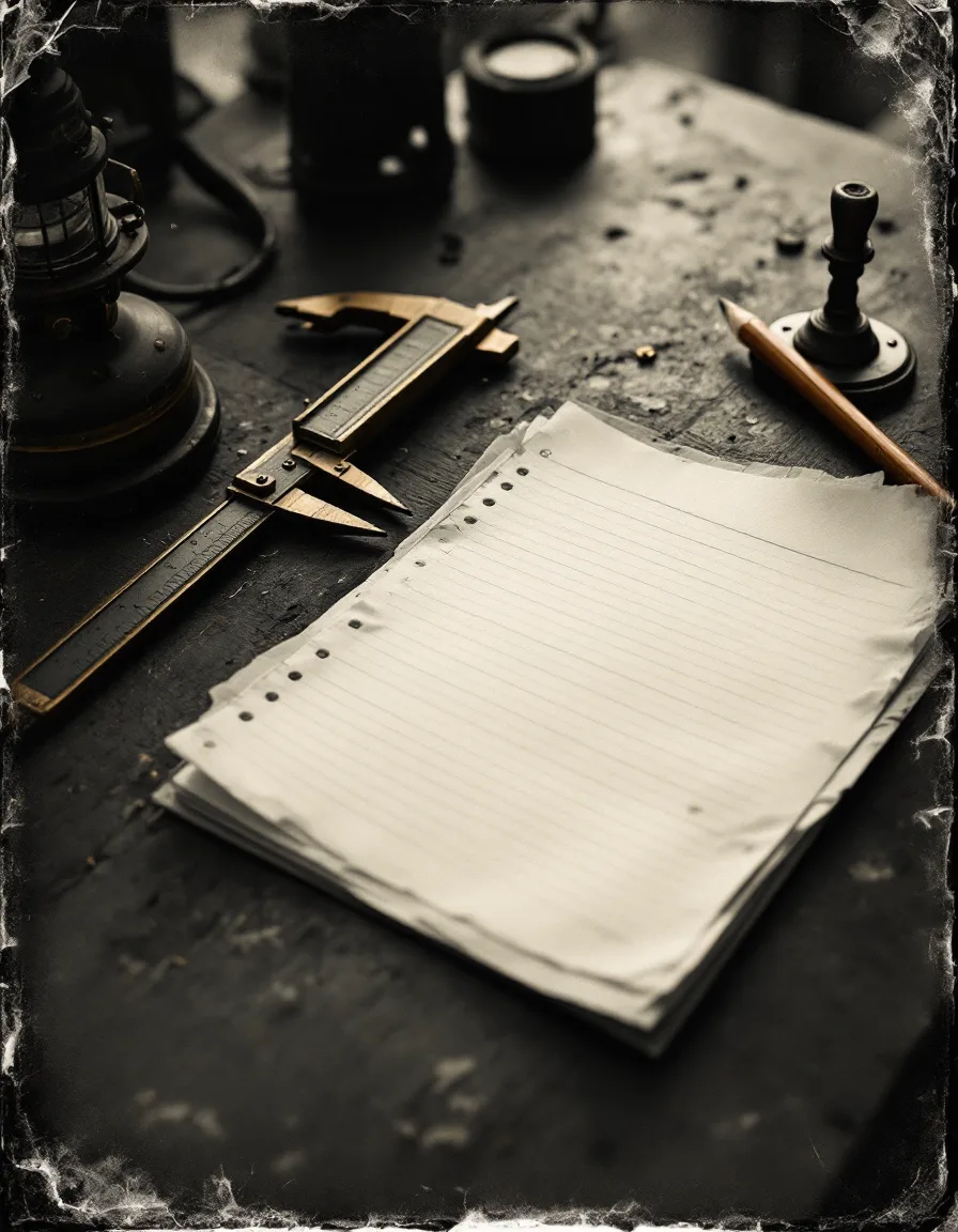 Antique tintype of a workbench with calipers, pencil and graph paper