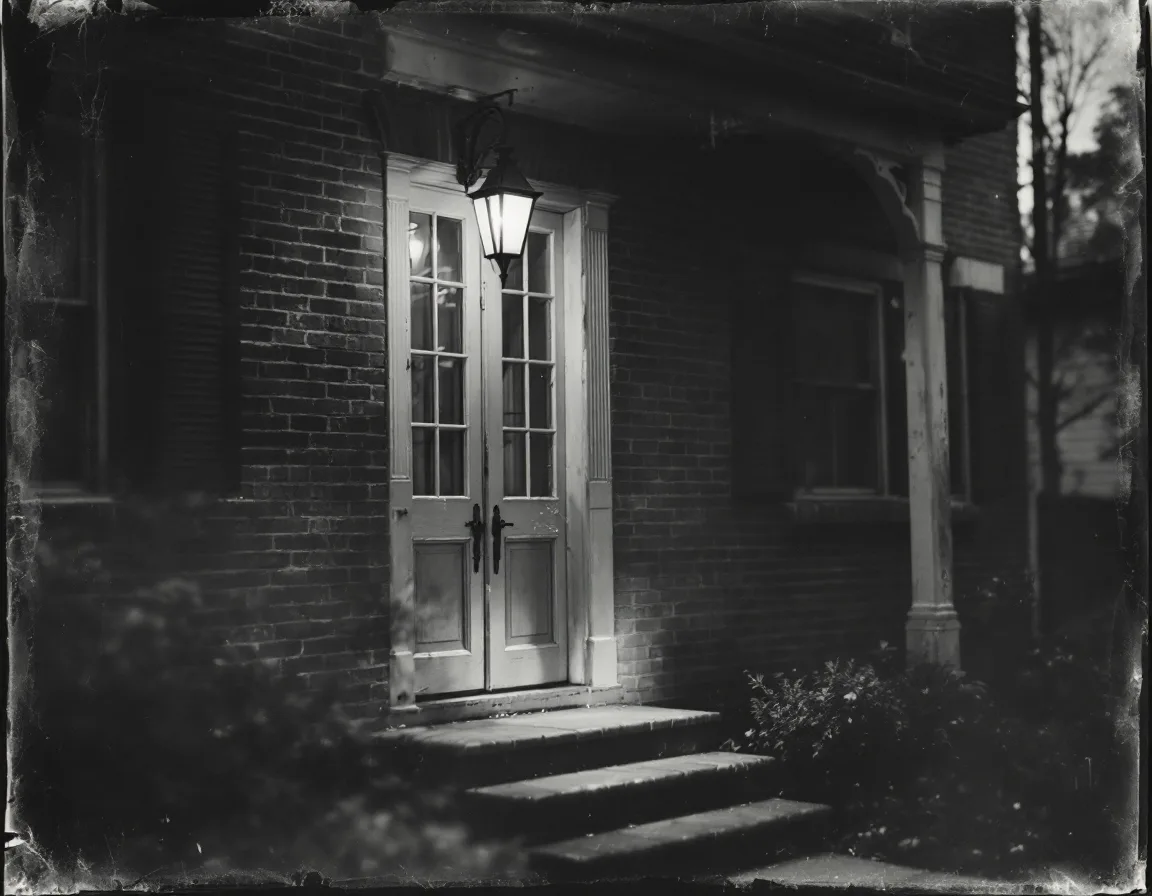 Antique tintype of a brick stoop with a lit porch lantern